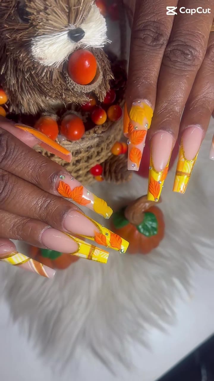 3D leaf French tips with plaid and gold glitter from TikTok @gossipandnailspa