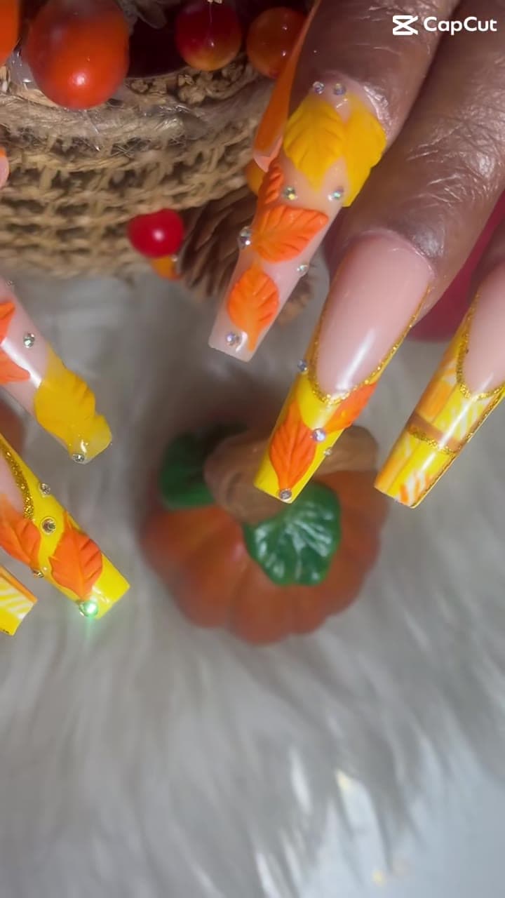 Coffin nails with sculpted 3D fall leaves and rhinestones