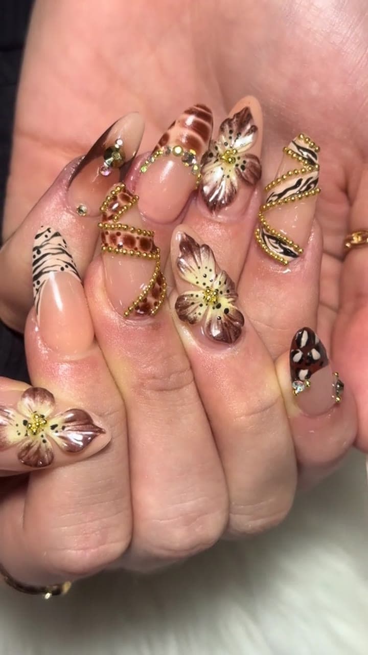 Mahogany, cream, and gold 3D floral manicure